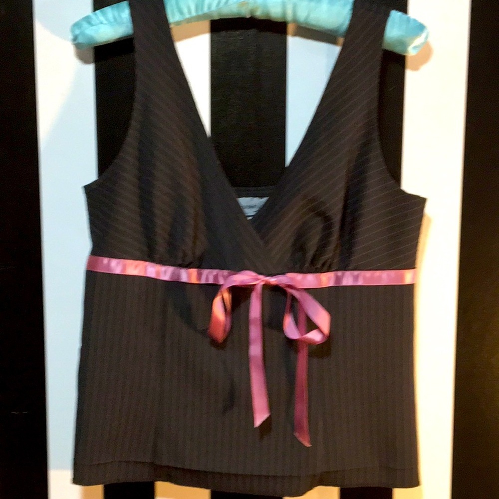 Y2K Office Vixen Going Out Tank Top Blouse Pinstripe & Pink Bow Juniors Med/Lg